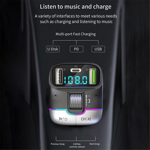 Car FM Transmitter with Dual Mic Bluetooth 5.3 2 USB Ports 1