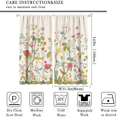 Floral Curtains Retro Bird and Flower Pattern 2 Panels 1