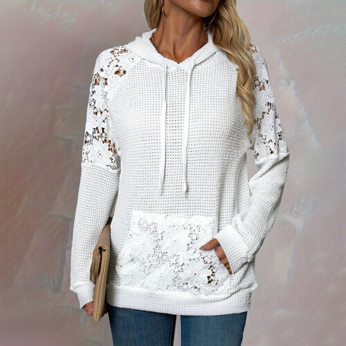 Women's Casual Hooded Pullover with Lace Raglan Sleeves and 1