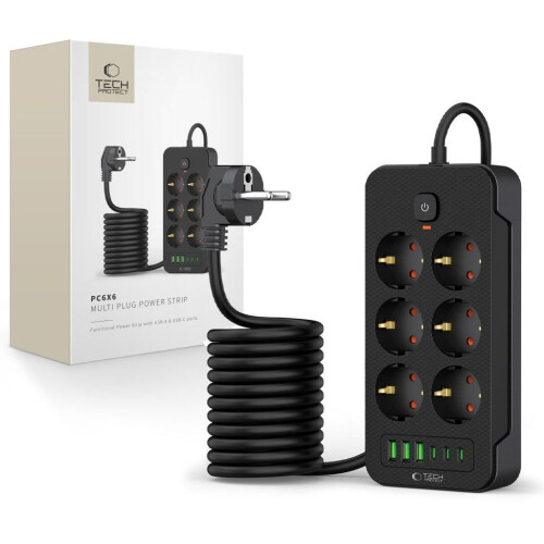 Tech-Protect Power Strip with 6 Sockets 240V, 3 USB-A, and 3 USB-C - Black