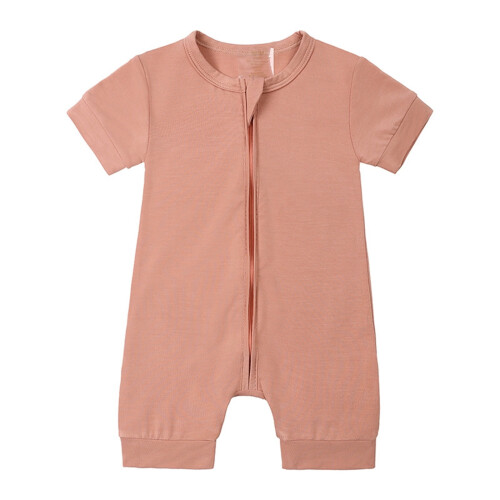 Baby Rompers Front Zipper Short Sleeve Solid Crewneck