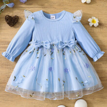 Girls Cotton Dress with Bow and Lace Trim Blue 2 Years