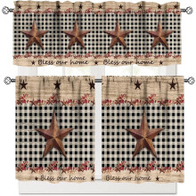 Brown Farmhouse Valance Set Wooden Plank Pattern 3 pcs