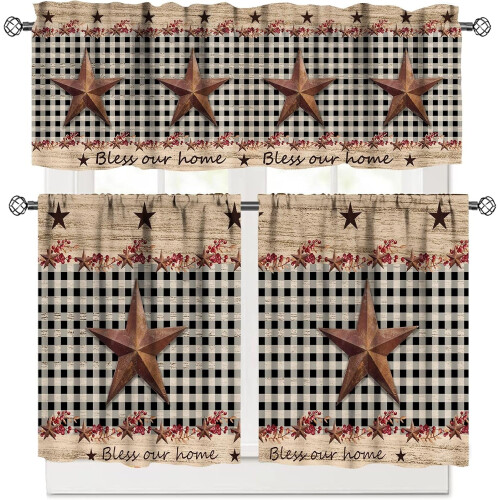 Brown Farmhouse Valance Set Wooden Plank Pattern 3 pcs