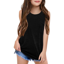 Girls Sleeveless Crewneck Tank Top with Pocket Black Loose