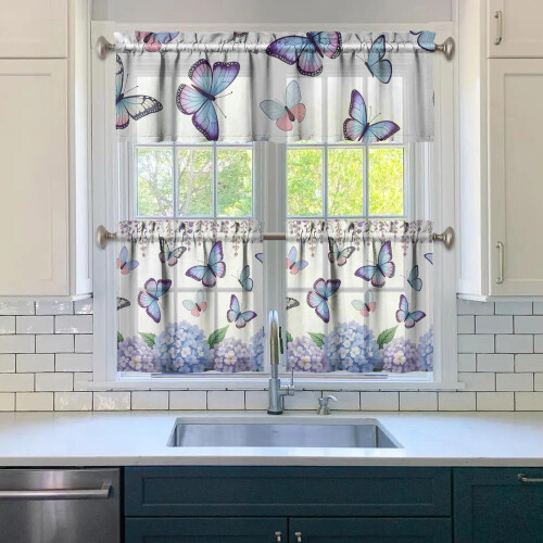 Kitchen Curtains Set with Valance Purple Hydrangeas 2