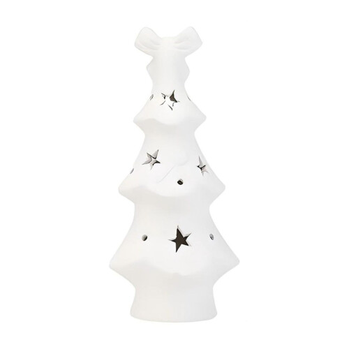 White Ceramic Christmas Tree with Lights and Star Cutouts 1