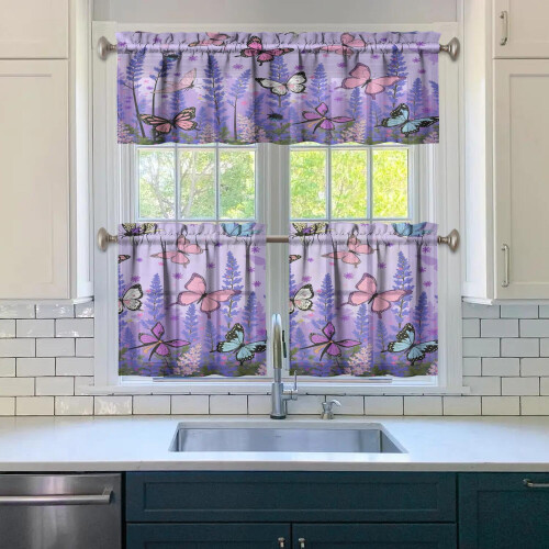 Purple Lavender Butterfly Kitchen Curtains Set 3-Piece 2