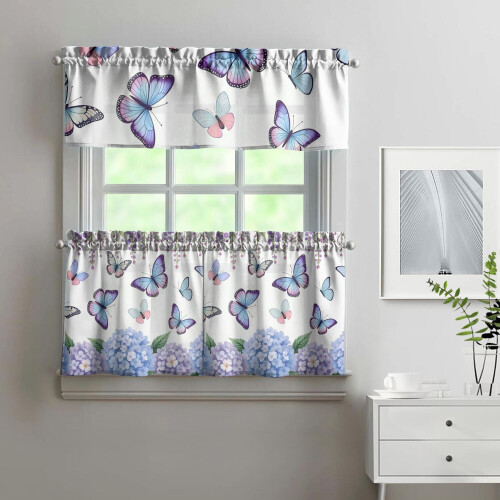 Kitchen Curtains Set with Valance Purple Hydrangeas 1