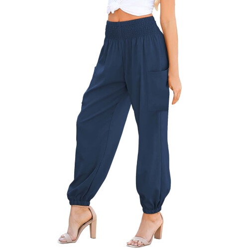 Boho Smocked High-Waisted Cargo Pants Navy Blue XXL