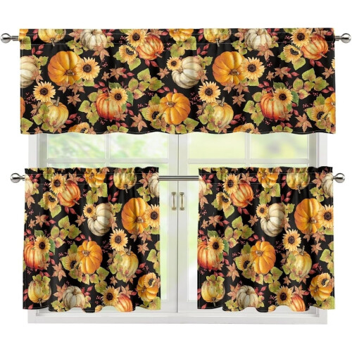 Sunflower Pumpkin Kitchen Curtains Valance and Tier Set 3