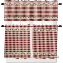 Rideaux de cuisine à carreaux rouges et rouges, ensemble de 3 pièces