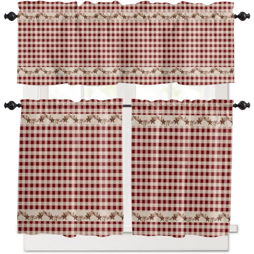 Küchenvorhänge, 3-teiliges Set, Beerenrot, Büffelkaromuster
