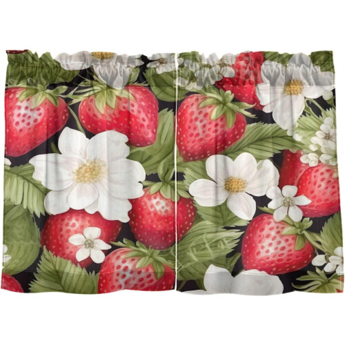 Red Fruit Strawberry Kitchen Curtains 24 Inch Short Tier 2