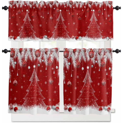 Christmas Kitchen Curtains Set Red Pine Tree Snowflake