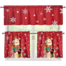 Christmas Snowman Red Kitchen Curtains with Valance and