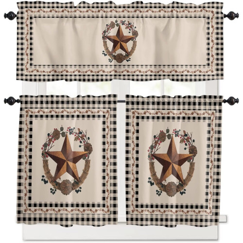 Rustic Texas Western Kitchen Curtains Set Black Buffalo