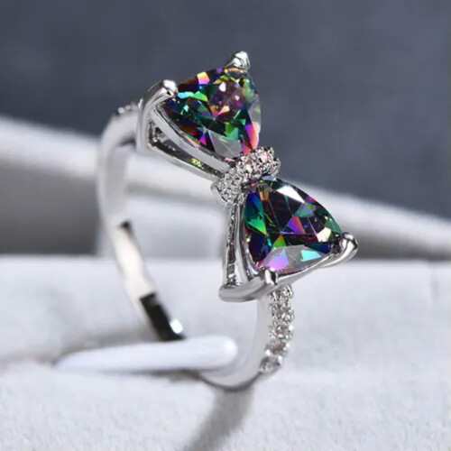 925 Silver Bow Ring with Crystal Zircon, Size 6-10