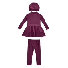 Girls' Red Modest Swimsuit with Long Sleeves and Ruffle