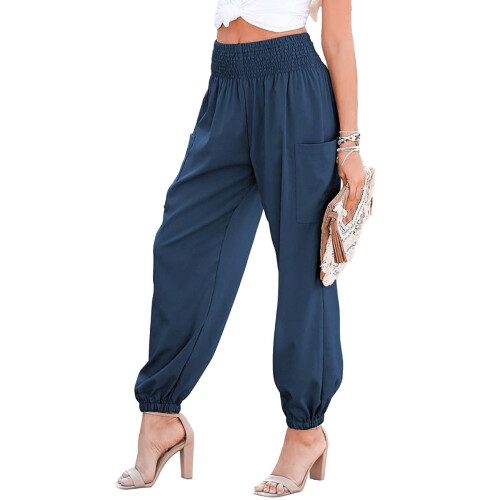Boho Smocked High-Waisted Cargo Pants Navy Blue XXL 2