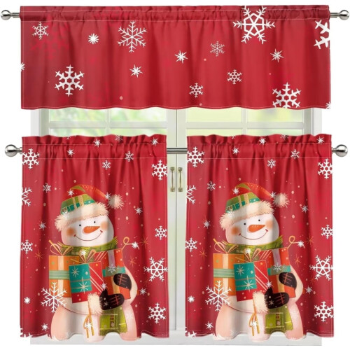 Christmas Snowman Red Kitchen Curtains Set 36 inch 3 pcs 2