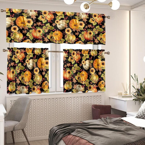 Sunflower Pumpkin Kitchen Curtains Valance and Tier Set 3 2