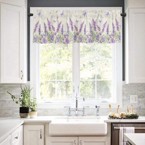 Lavender Butterfly Watercolor Kitchen Curtains Set 3-Pc 2