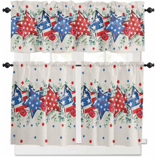 4th of July Kitchen Curtains Set with Valances Blue Red 1