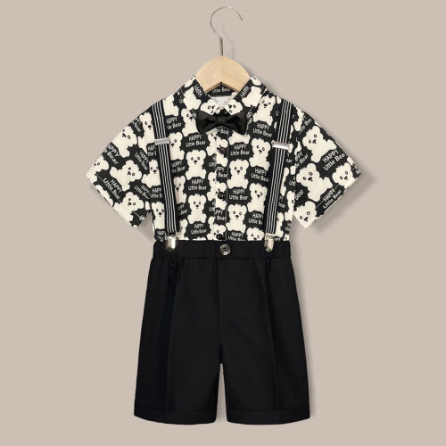 Boy Easter Semi-Formal Outfit Black Short Sleeve Shirt with 1