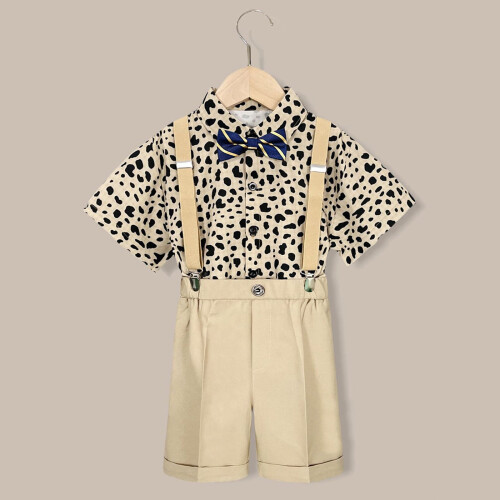 Boy Easter Semi-Formal Outfit Khaki Suspender Shorts Set 1