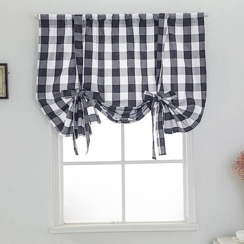 Grey and White Check Tie-Up Curtains Farmhouse Thermal