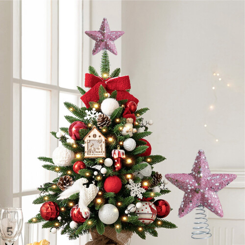 Pink Glitter Foam Star Tree Topper with Silver Spring Base 2