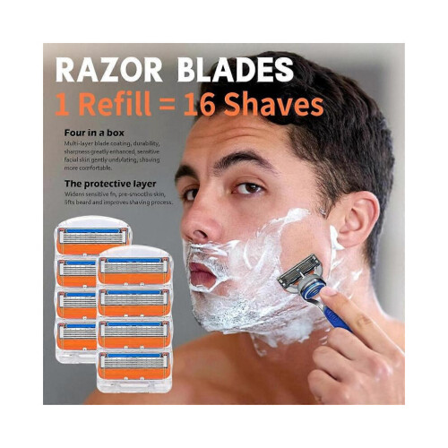 16 Pack Razor Blade Refills with Lubrastrip for a Comfortable Shave, Orange Design 1