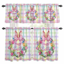 Easter Kitchen Curtains and Valances Set Pink Leaf Plaid