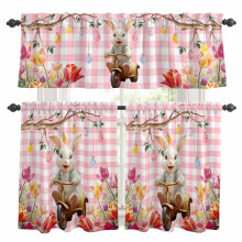 Easter Bunny Bike Tulip Egg Kitchen Curtains Pink Plaid