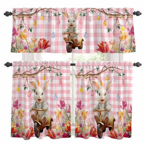 Easter Bunny Bike Tulip Egg Kitchen Curtains Pink Plaid