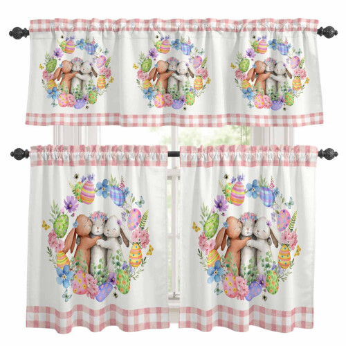 Easter Rabbit Kitchen Curtains and Valance Set Pink Blue