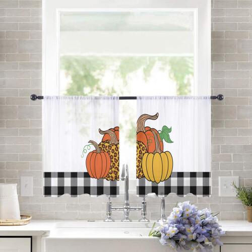 Leopard Pumpkin Sheer Curtains Black White Plaid Voile