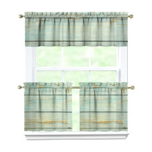 Vintage Teal Wood Grain Kitchen Curtains and Valance Set 3