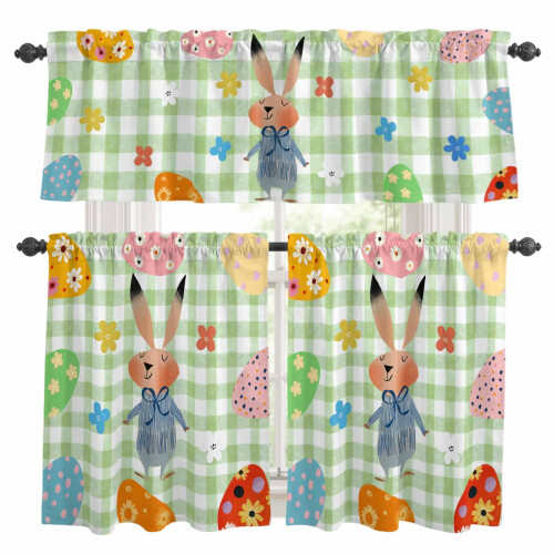 Easter Bunny Kitchen Curtains and Valances Set Green Plaid