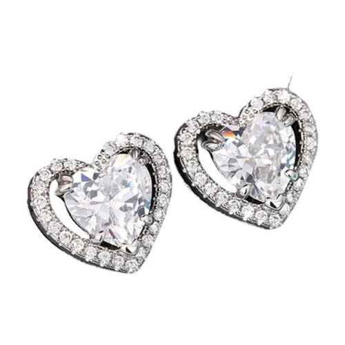 CZ Heart Stud Earrings White Gold Plated 10mm