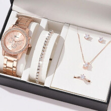 Ladies Quartz Watch Set with Jewelry Accessories, Elegant Gift Box for Wedding Anniversary