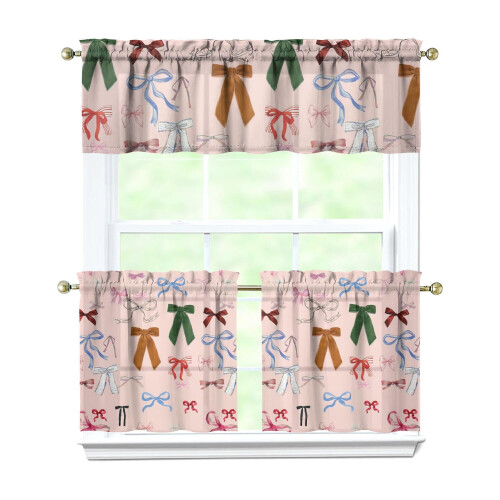 Pink Bow Kitchen Curtains and Valance Set 3-Piece