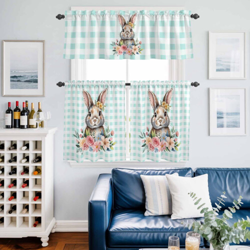 Easter Rabbit Kitchen Curtains Set Watercolor Bunny Floral 1