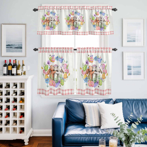 Easter Rabbit Kitchen Curtains and Valance Set Pink Blue 1