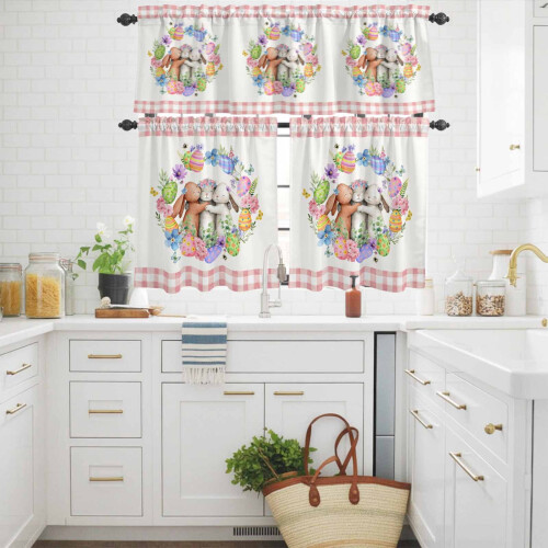 Easter Rabbit Kitchen Curtains and Valance Set Pink Blue 2