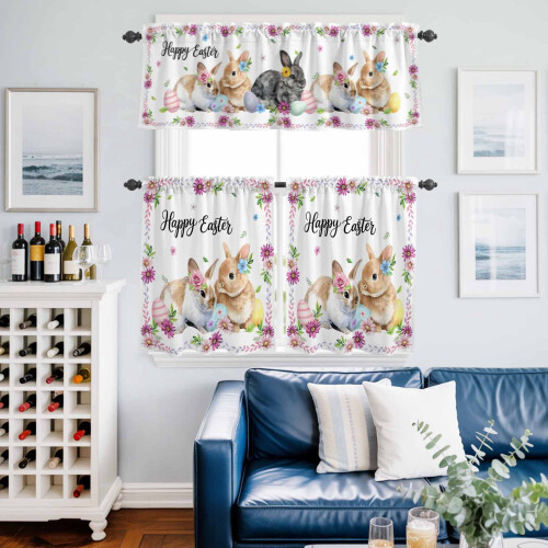 Easter Kitchen Curtains Set Pink Daisy Blue Flower Yellow 1