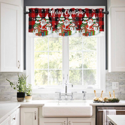 Christmas Tree Kitchen Curtains Set Red Black Plaid 3 pcs 2
