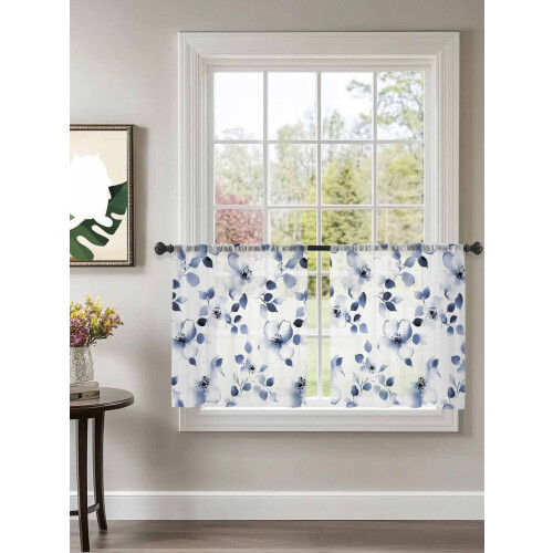 Blå blommiga transparenta gardiner voile 132 x 112 cm, 2 paneler 1