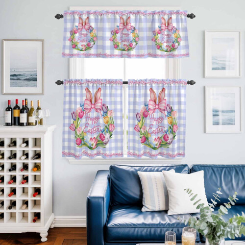 Easter Kitchen Curtains and Valances Set Pink Purple Plaid 1